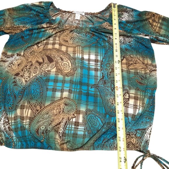 Vintage Carol Rose Top Womens XL Blue Paisley Stretch Balloon Sleeve 40 in Chest - Picture 3 of 11